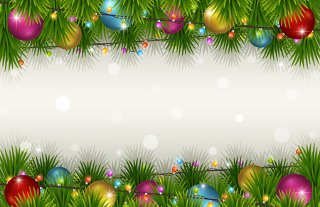Christmas background with fir tree branches, color balls, and light bulbsのイラスト素材