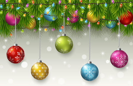 Christmas background with fir tree branches, color balls, and light bulbsのイラスト素材