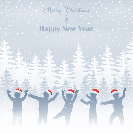 Happy children silhouette in winter backgroundのイラスト素材