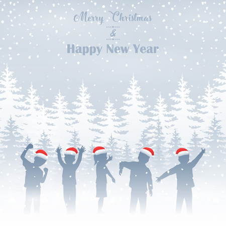 Happy children silhouette in winter backgroundの写真素材