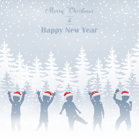 Happy children silhouette in winter backgroundの写真素材