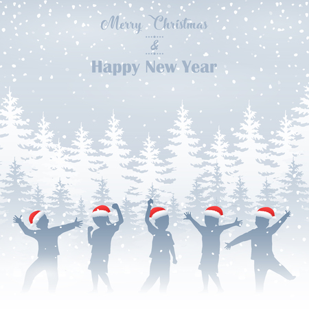 Happy children silhouette in winter backgroundの写真素材