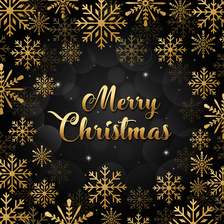 Merry Christmas Background with golden snowflakes on black backgroundの写真素材