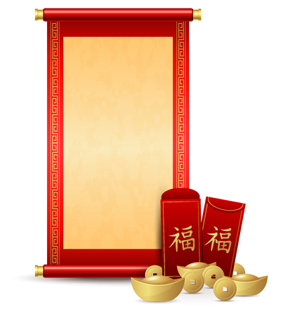 Chinese scroll with red envelope and gold moneyの写真素材