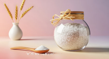 Sea salt in a glass jar with a wooden spoon on a pink backgroundの素材