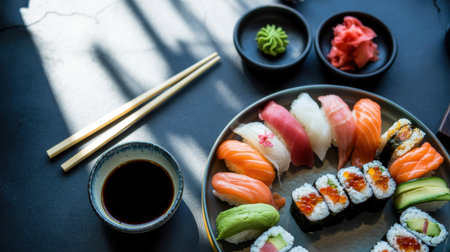 A beautifully arranged assortment of sushi is presented on a plate alongside traditional accompaniments Various types of sushi nigiri including salmon tuna and white fish are displayed with artistic precision Sushi rolls filled with avocado cucumber and other fillings add contrast and texture A bowl of soy sauce chopsticks wasabi and pickled ginger complete the scene The presentation is enhanced by subtle shadows and soft natural light which brings out the rich colors and textures of the sushi The overall image creates a visual feast for the eyes and taste buds symbolizing fresh ingredients expert craftsmanship and culinary delightの素材