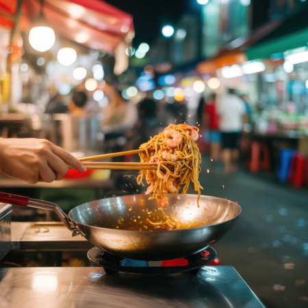 This image showcases the vibrant culinary scene of street food cooking A chef is preparing stir fried noodles with shrimp using chopsticks and a wok The noodles are golden brown and glistening with sauce The shrimp are plump and juicy The wok is on a gas stove In the background there is a busy street market with people walking around eating and shopping The lighting is bright and festive and the overall atmosphere is lively and energetic This is a perfect representation of the street food cultureの素材