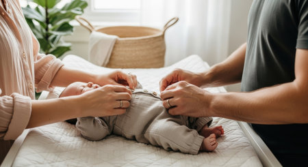 Mother and father changing diaper of their newborn baby on the bed at homeの素材