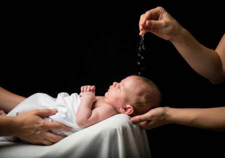Mother pouring water to her newborn baby, isolated on black background.の素材