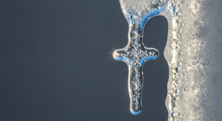 Frozen water with bubbles in the form of a cross on a blue backgroundの素材