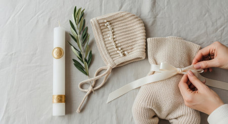 Womens hands knit a knitted sweater on a white backgroundの素材