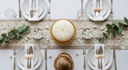 Elegant table setting for wedding or other celebration, top viewの素材