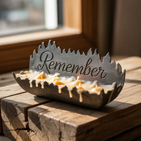A metal candle holder with "Remember" engraved, holding lit candles with dripping wax.の素材