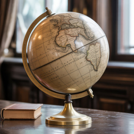 An antique globe and a closed book rest on a polished wooden desk in a dimly lit study.の素材