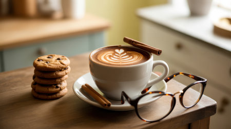 A warm cup of latte art coffee sits beside a stack of chocolate chip cookies and cinnamon sticks.の素材