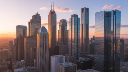 Modern skyscrapers in a cityscape bathed in the warm glow of a sunset, with reflections on their glass facades.の素材
