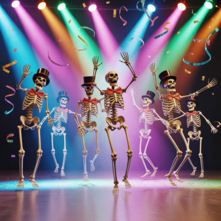 Animated skeletons in top hats and bow ties dance under colorful stage lights with falling confetti.の素材