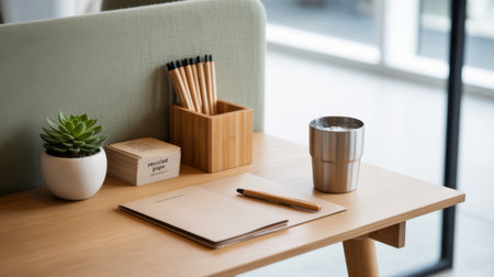 A clean desk with a succulent, pens, notebook, and a metal cup of water.の素材