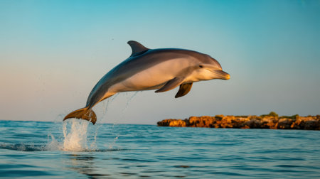 A dolphin leaps joyfully from the ocean's surface at sunset, with a rocky island in the background.の素材