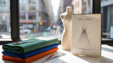 A fashion design studio setup with colorful fabrics, a mannequin, and a sketchbook featuring a dress sketch.の素材