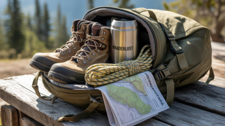 A backpack filled with hiking gear, including boots, rope, map, and thermos, sits on a wooden surface.の素材