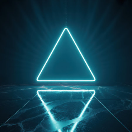 A bright cyan neon triangle hangs in a dark, atmospheric space, reflecting on a patterned floor.の素材