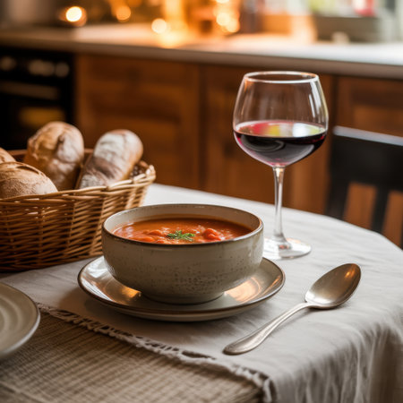 A warm bowl of tomato soup, crusty bread, and a glass of red wine set for a cozy meal.の素材