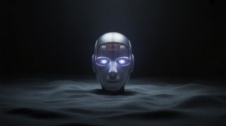A futuristic robot head with glowing blue eyes emerges from a dark, sandy landscape, symbolizing advanced AI.の素材