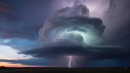 A powerful lightning bolt strikes from a massive, dark storm cloud during twilight over a rural field.の素材