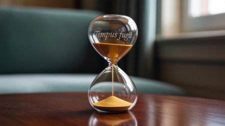 A clear glass hourglass with golden sand flowing, inscribed with "Tempus fugit".の素材