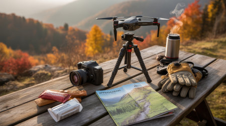 A drone, camera, and outdoor gear are laid out on a wooden table with a scenic autumn mountain landscape in the background.の素材
