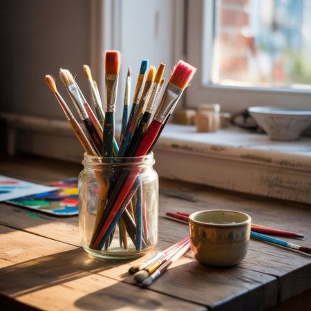 A collection of paintbrushes in a glass jar sits on a wooden table, bathed in sunlight.の素材
