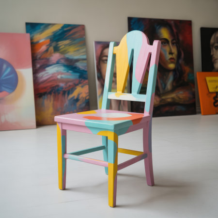 A wooden chair with abstract colorful geometric patterns painted on its seat backrest and legs.の素材