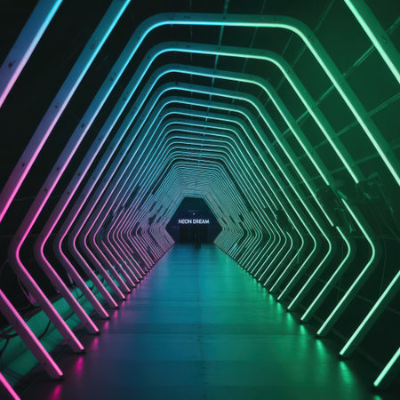 A person walks through a futuristic tunnel illuminated by vibrant pink and green neon lights.の素材