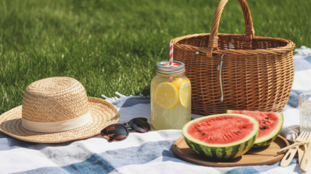 A sunny picnic spread on green grass with watermelon, lemonade, a straw hat, and a basket.の素材