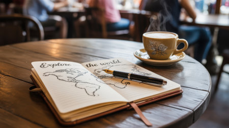 An open journal with a world map, a pen, and a steaming cup of coffee on a wooden table.の素材