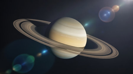 A stunning, realistic depiction of the planet Saturn and its prominent rings against a dark, star-filled cosmic background.の素材