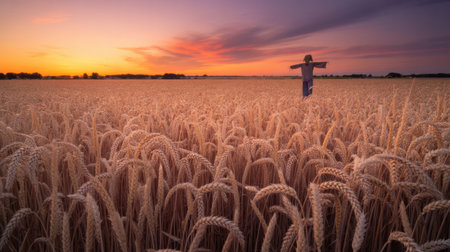 A lone scarecrow stands guard in a vast wheat field during a vibrant sunset.の素材