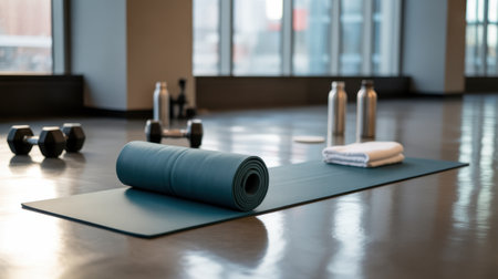 A teal yoga mat is unrolled on a shiny floor, with dumbbells and water bottles nearby.の素材