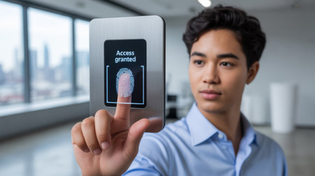 A young man's finger touches a fingerprint scanner, displaying "Access granted" on its screen.の素材