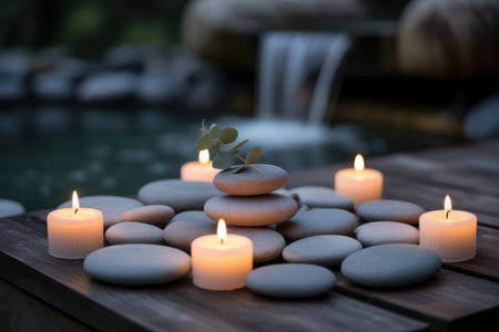 Stacked zen stones and lit candles create a tranquil spa ambiance by a gentle waterfall.の素材