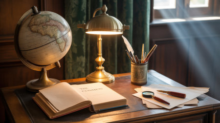 A vintage desk scene featuring a globe, a lit lamp, an open book, and writing tools bathed in sunlight.の素材