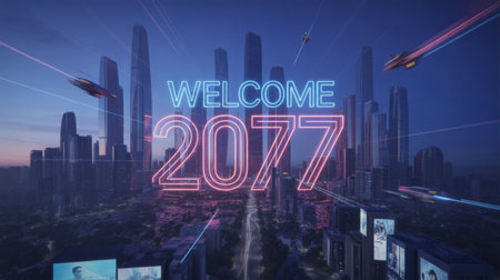 A neon-lit futuristic cityscape with towering skyscrapers and flying vehicles, welcoming viewers to the year 2077.の素材