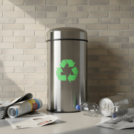 A stainless steel recycling bin with a green recycling symbol stands next to discarded plastic bottles and newspapers.の素材
