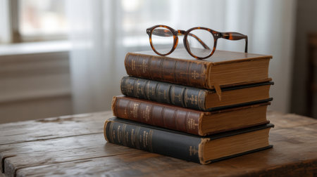 A stack of four antique books with tortoiseshell glasses resting on top.の素材