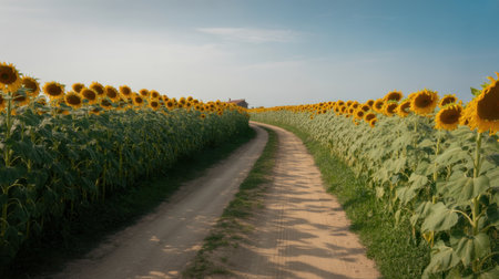 A dirt road curves through an endless field of bright yellow sunflowers under a clear blue sky.の素材