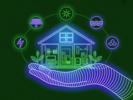 A neon illustration of a hand cradling a house, surrounded by icons representing renewable energy sources.の素材