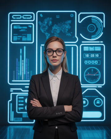 A confident woman in a business suit stands before a futuristic digital display showing data and a world map.の素材
