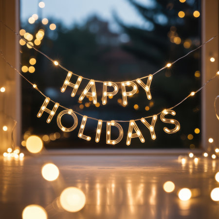 Illuminated "Happy Holidays" sign with warm bokeh lights in the foreground and background.の素材