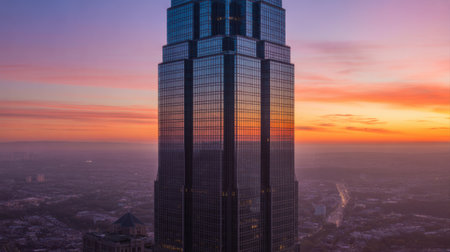A modern glass skyscraper reflects a vibrant sunset over a hazy cityscape at dawn or dusk.の素材